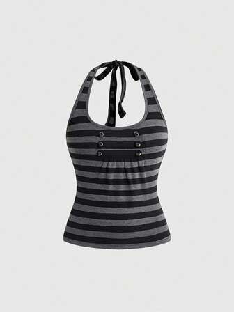 Grunge Punk Body de cuello alto a rayas con diseño de botón de caballería vintage