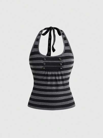 Grunge Punk Body vintage a collo alto a righe con design di bottoni da cavalleria