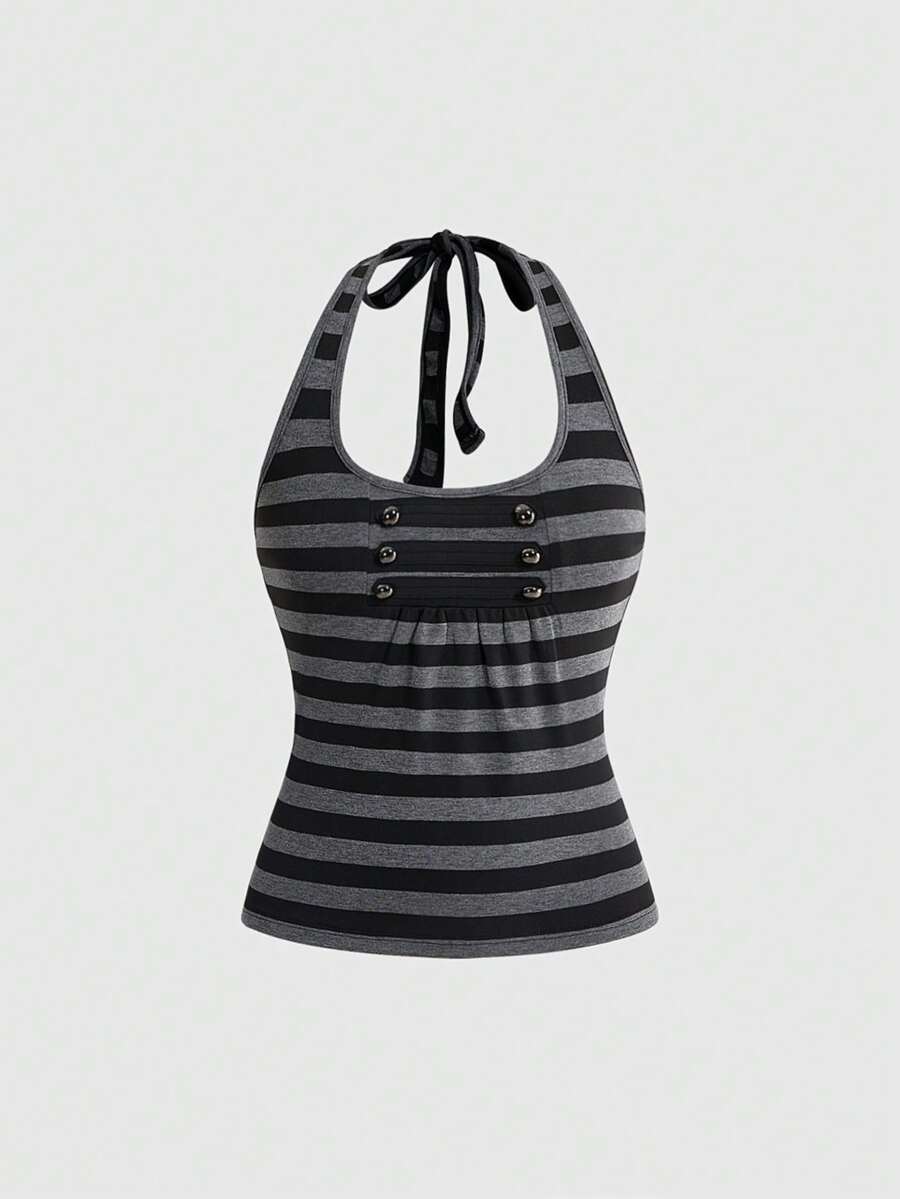 ROMWE Grunge Punk 复古骑兵纽扣设计条纹高领上衣 - 彩色 - 查看 1