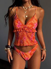 Swim Vcay Áo bikini hai mảnh viền hoa màu cam, thích hợp cho kỳ nghỉ xuân/hè, trang phục đi biển thường ngày, áo hai dây in hoa nhiệt đới không dây, buộc dây sau lưng, viền ren. Bộ đồ bơi 2 mảnh dành cho nữ, hàng mới về, phù hợp cho đi học, kỳ nghỉ, hẹn hò, trà chiều, phong cách miền Tây, du thuyền, bãi biển, đảo, du lịch đường bộ, mọi mùa, lễ hội âm nhạc, kỳ nghỉ Boho, kỳ nghỉ Bohemian, mùa thu thư giãn, phong cách Boho miền Tây, áo kiểu thanh lịch cho nữ, bộ đồ bơi tankini Y2K có gọng, đồ bơi cổ điển cho nữ, bikini nhuộm tie-dye, đồ bơi kiểu miền Tây cho nữ. - Nhiều màu - Xem 4