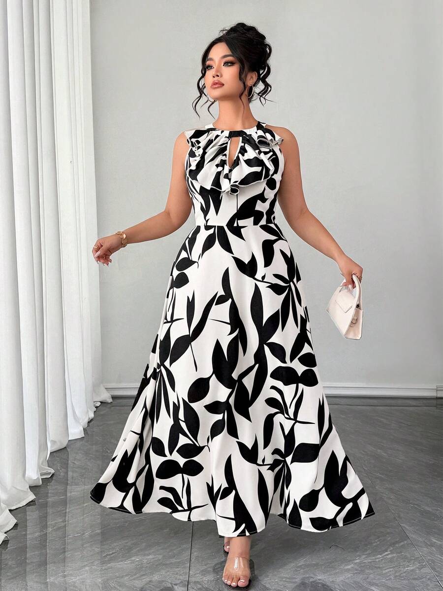 SHEIN Elenzya Plus Size Women's Elegant Black And White Leaf Print Halter Long Dress - Multicolor - View 1