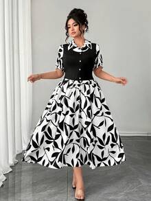 SHEIN Elenzya Plus Size 2 In 1 Floral Print Patchwork Short Sleeve Dress,Shirt Collar,Summer Leaf Print Retro Midi Button Dress,Black And White,Elegant,Tea Party - Black - View 1