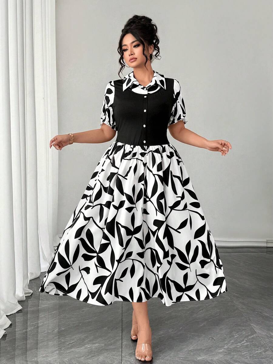SHEIN Elenzya Plus Size 2 In 1 Floral Print Patchwork Short Sleeve Dress,Shirt Collar,Summer Leaf Print Retro Midi Button Dress,Black And White,Elegant,Tea Party - Black - View 1