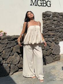 Sunnyshic Bộ đồ 2 món cỡ lớn, kiểu dáng thường ngày, họa tiết hoa, gồm áo hai dây và quần ống rộng, thích hợp cho kỳ nghỉ. - Màu be - Xem 5