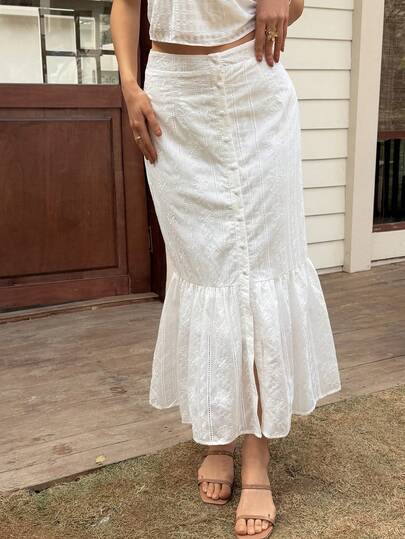 Livesso White Waist Cinched Casual Beach Vacation Hollow Out Mermaid Hem Skirt For Women, Suitable For Spring & Summer, Wedding & Valentine's Day