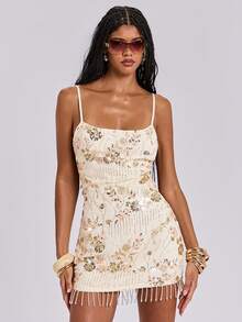 ROMWE Đầm ngắn hở lưng hai dây, thêu đính cườm, thích hợp cho kỳ nghỉ hè của nữ. - Màu be - Xem 7