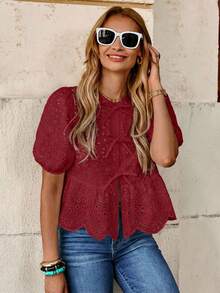Solivie 女士前系带花瓣袖可爱刺绣度假优雅上衣，适合情人节穿着 - 酒紅色 - 查看 3