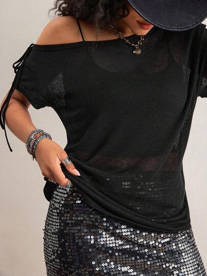 Freevana Plus Size Bohemian Black Asymmetric-Shoulder Short Sleeve Casual Loose Knit Top, Versatile Summer Wear