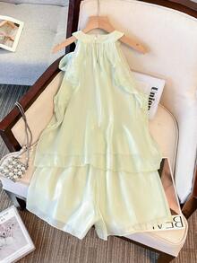 SHEIN Franclia Elegant Bowknot Ruffle Trim Loose Halter Top And Shorts 2-Piece Set, Commuting & Casual, Spring/Summer - Mint Green - View 2