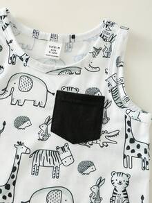 SHEIN 2pcs Baby Boy Cute Cartoon & Striped Pattern Knit Sleeveless Top And Shorts Set - Multicolor - View 4