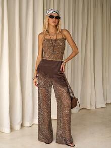 TRNVIE 女士青铜色亮片串珠弹力腰宽松网纱透视休闲度假沙滩阔腿裤，适合海滩度假、波西米亚风休闲派对 - 棕色 - 查看 6