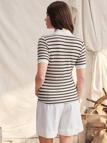 Zovinel Women's Half-Placket Raglan Short Sleeve Striped Casual Versatile Knit Top - Multicolor - View 2