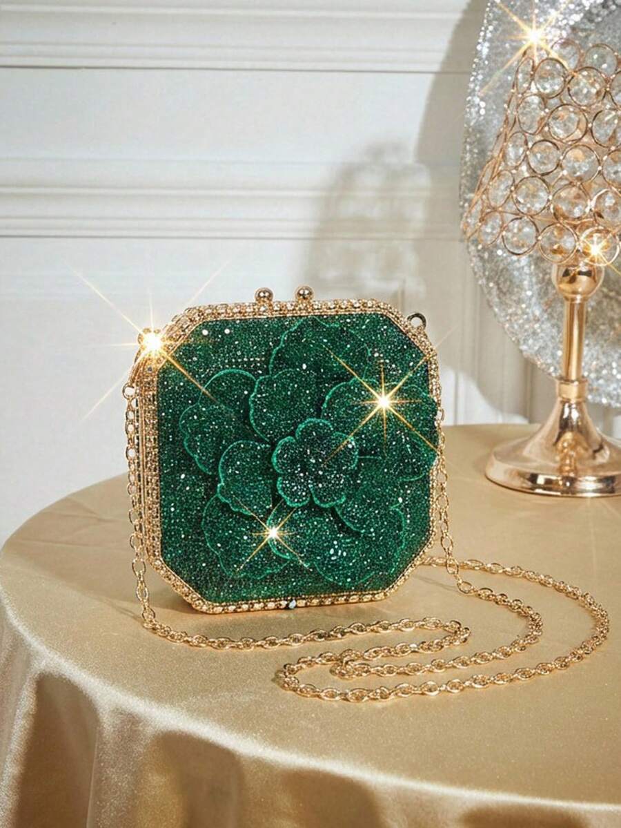 SHECARRY Túi xách nữ dự tiệc, ví cầm tay, túi đeo chéo, thời trang, sang trọng, đính kim cương, hoa đính kim cương, lấp lánh, thanh lịch, đơn giản, thích hợp cho tiệc cocktail, tiệc tùng, dạ hội, câu lạc bộ, hẹn hò, sinh nhật, buổi tối, hẹn hò đêm, tiệc chiêu đãi - màu xanh lá - Xem 1