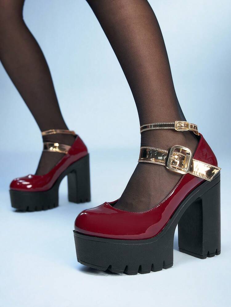 Sugerpunk Zapatos de tacón alto con plataforma de tacón grueso y bloque de color sexy para mujer, zapatos de fiesta de primavera/otoño de unicolor con hebilla metálica doble y correa de tobillo ajustable para citas - Burdeos - Añade 3