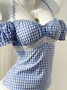 Elamini 2026 Spring/Summer Women's Blue Plaid Sweet Off-Shoulder Petal Sleeve T-Shirt, Fresh And Slimming, Summer Shirt - Multicolor - View 7