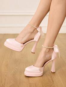 CUCCOO HITCHD Pantofi de damă cu perle și strasuri, design cu fundă la gleznă, satin roz, dulce și elegant, temperament, pantofi cu toc înalt pentru femei, pantofi cu platformă, pantofi de mireasă, pantofi de nuntă pentru petrecere și recepție, sezonul nunților - Baby Pink - Vizualizare 6