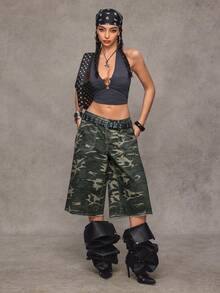 Jeanoix Y2K Women's Fashion Casual Camouflage Wide Leg Distressed 7/8 Length Jeans - Multicolor - View 7