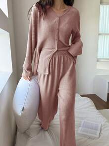 DAZY Minimalist Striped Textured Fleece Cardigan Pajama Set For Women, Spring - Dusty Pink - View 5