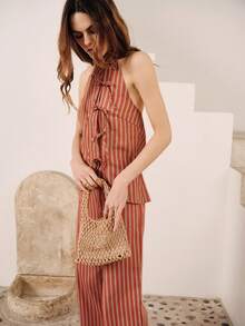 lacRébo Red Rust Brown Stripe Sleeveless Top With Bow Detail And Straight-Leg Pants Set,Chic French Parisian Style Summer Casual Vacation Holiday Outfit - Multicolor - View 1
