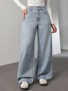 SHEIN PETITE Women's Casual Everyday Washed Slant Pocket Wide Leg Jeans - Light Wash - View 5