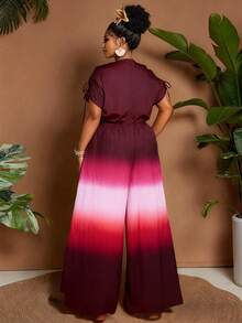 Maweii 大码女士优雅渐变印花V领拉链后腰抽绳肩部设计直筒连体裤，适合派对、夜生活、圣诞节、新年、生日、情人节、度假等各种场合。 - 彩色 - 查看 2