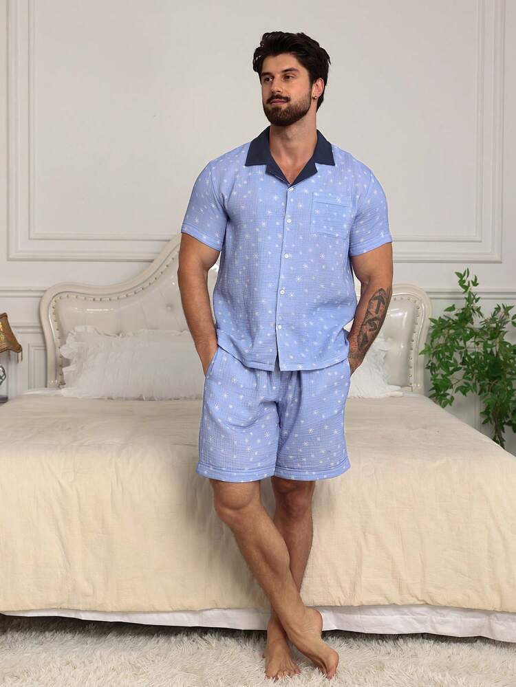 Men's Summer Patchwork Collar Short Sleeve Top And Shorts Pajama Set