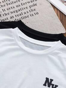 Mirajuku 2 Stücke/Set Jungen Lässig Basic Minimalistisches Buchstaben-Muster Schwarz & Weiß Kurzarm T-Shirts, weiches & bequemes Material geeignet für Alltag, Pendeln, Lässig, Schule und verschiedene Anlässe, können mit Shorts oder Jeans kombiniert werden - Schwarz und Weiss - Übersicht 3