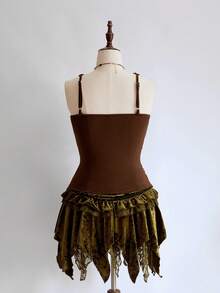 ROMWE Fairycore Áo hai dây ren đính đá kiểu cổ tích khoét sâu cổ chữ V - màu nâu - Xem 11