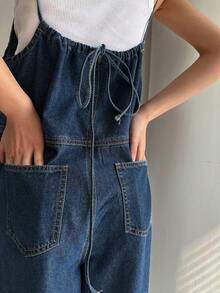 DAZY 女士夏季腰带连体裤，休闲优雅水洗牛仔背带裤和连体裤 - 深色水洗藍 - 查看 4