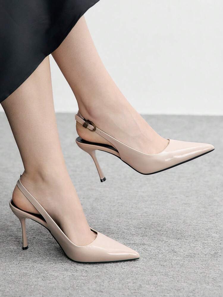 CUCCOO BIZCHIC Women's Pointed Toe Patent Leather Apricot Backless Ankle Strap Fashionable Versatile Sexy Metal Buckle Stiletto High Heel Sandals Spring Shoes