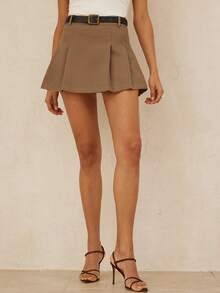 Aveloria Rosie New Stylish Design Casual Commute Mid-Waist Solid Color Pleated Skirt Shorts - Brown - View 3