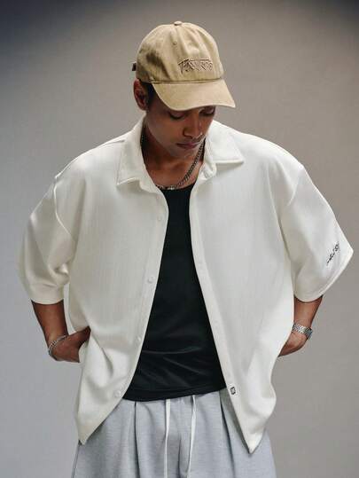 PAVTROS 男士针织纹理人字纹字母刺绣宽松休闲短袖衬衫