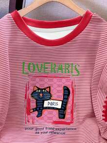 Resyla Áo thun nữ thời trang tay dài thêu hình mèo dễ thương, phối màu sọc kiểu Mỹ cổ điển. - Bụi tím - Xem 3