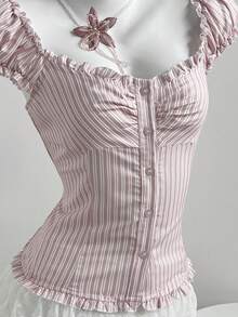 Elamini Women's Light Pink Striped Petal Sleeve Fitted Shirt,1960s Vintage Summer Tea Party Corset Tops And Blouses,Sweet Short Sleeve Shirts For Women - Pink - View 6