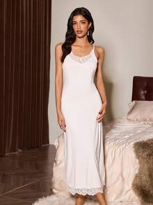 Slumberist 2pcs Women Sexy Lace Patchwork Camisole Nightgown And Robe Set - White - View 3