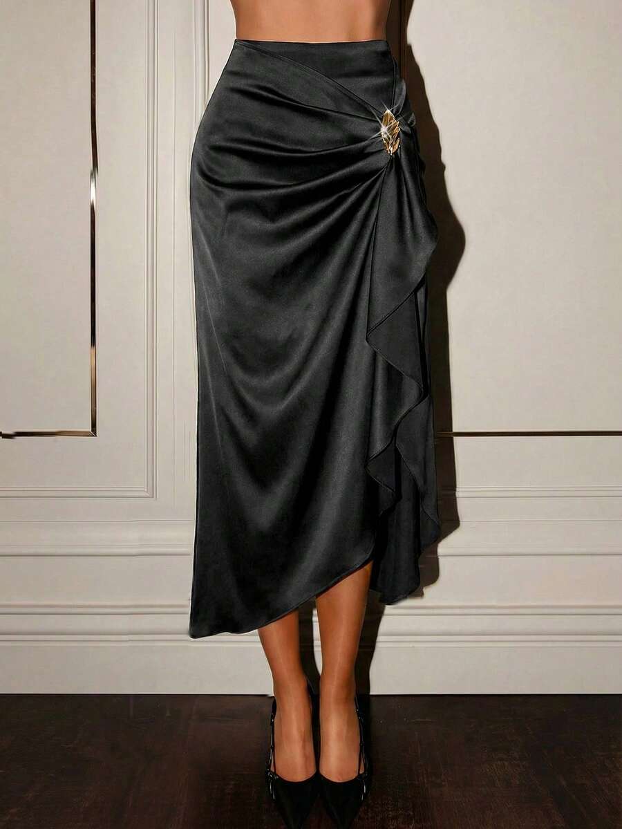 Glamine Chân váy nữ màu trơn xẻ tà bên hông, kiểu dáng thanh lịch, phù hợp cho công sở và đi làm hàng ngày. - màu đen - Xem 1