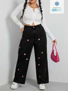 SHEIN EZwear 加码爱心刺绣阔腿牛仔裤 阔腿牛仔裤 女童阔腿牛仔裤 女士阔腿牛仔裤 - 黑色 - 查看 4