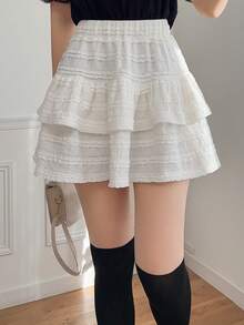 FRIFUL Women's Solid Black Ruffled Layered Hem Loose Casual Versatile Mini Skirt - Black - View 6