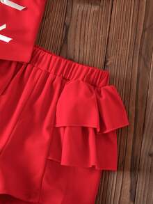 Young Girls Festive Red 2 Pieces Outfit, Sleeveless Top With Bow And Ribbon Details, Layered Ruffles Shorts, Perfect For Spring Summer Birthdays&Parties - Red - View 4
