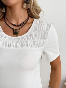 LanaWest Áo thun nữ tay ngắn cổ tròn xếp ly đơn giản, màu trơn, thích hợp cho các buổi đi chơi, hẹn hò, du lịch và mặc đi làm vào mùa hè. - trắng - Xem 4