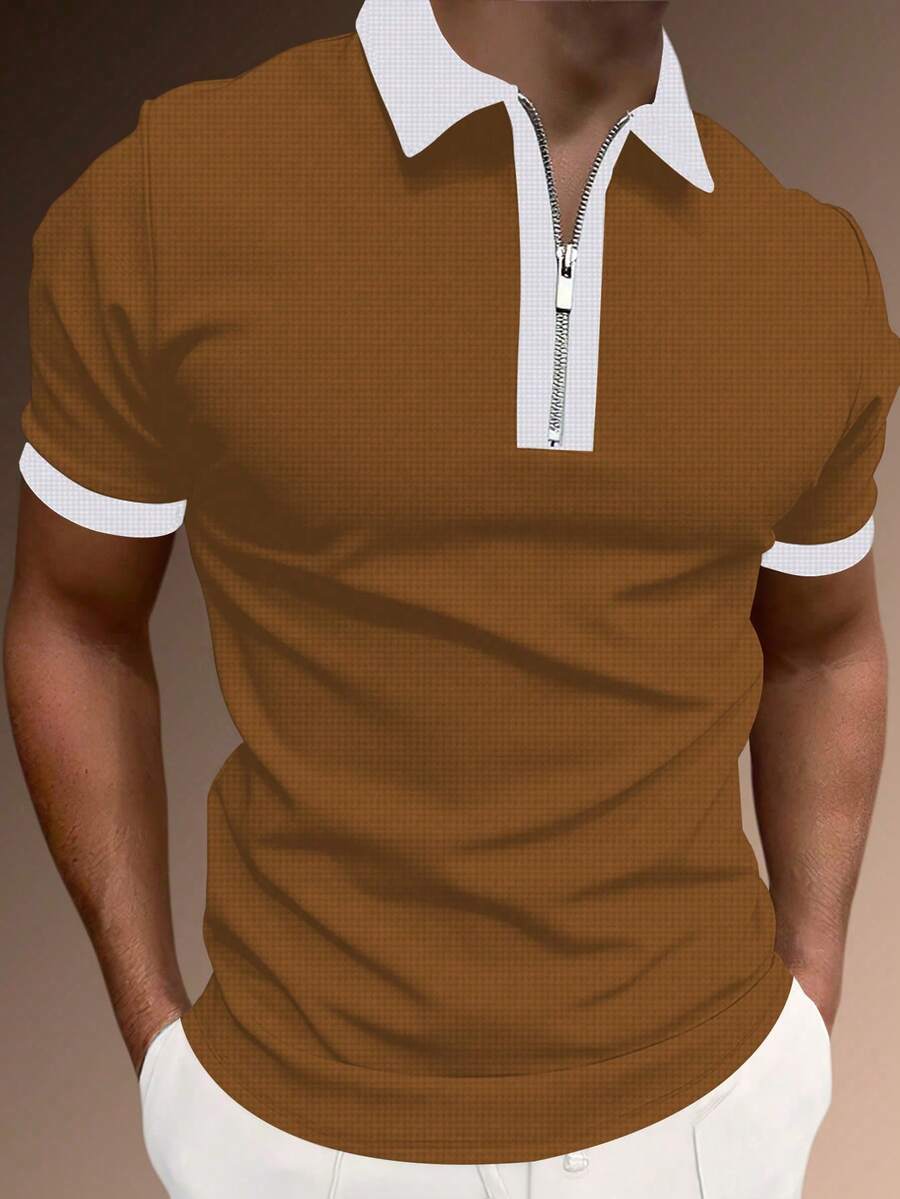Manfinity Homme 男士撞色拼接领半拉链休闲夏季时尚短袖Polo衫 - 棕色 - 查看 1