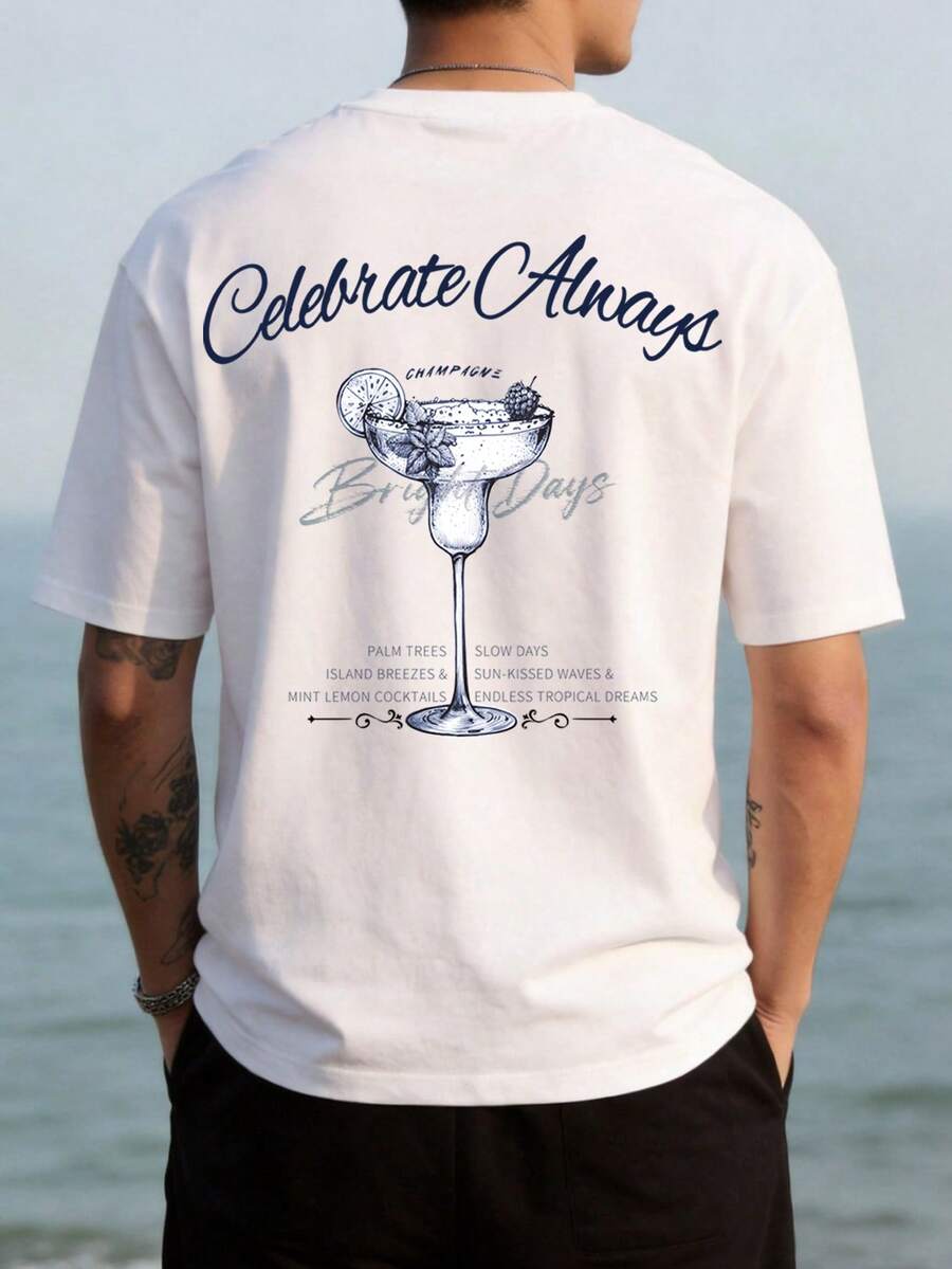 VIVINTIMO 男士标语和饮料图案圆领短袖休闲T恤 - 白色 - 查看 1