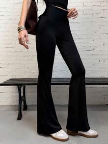 SHEIN Unity Quần legging thắt nơ cho nữ, co giãn và thoải mái, gấu quần loe - màu đen - Xem 4