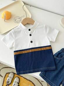 SHEIN Playful Pals Áo polo tay ngắn dệt kim thoải mái cho bé 0-3 tuổi, kiểu dáng thể thao thời trang, phối màu nổi bật, dáng rộng, lý tưởng cho mùa xuân/hè, kỳ nghỉ, đi biển, dạo chơi thường ngày. - Nhiều màu - Xem 6