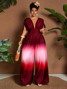 Maweii 大码女士优雅渐变印花V领拉链后腰抽绳肩部设计直筒连体裤，适合派对、夜生活、圣诞节、新年、生日、情人节、度假等各种场合。 - 彩色 - 查看 3