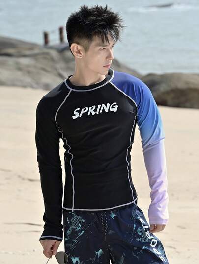 DAZY Camiseta de protección solar con mangas raglán, estampado de letras y color de contraste para hombre, verano