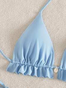 Swim Mod Swim Suits For Women Women's Summer Beach Solid Color Ruffle Trim Halter Neck Tie Two Pieces Bikini Set - Blue - View 5