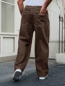 DAZY Men's Autumn Navy Blue Raw Denim Wide Leg Jeans With Patch Design - Brown - View 2