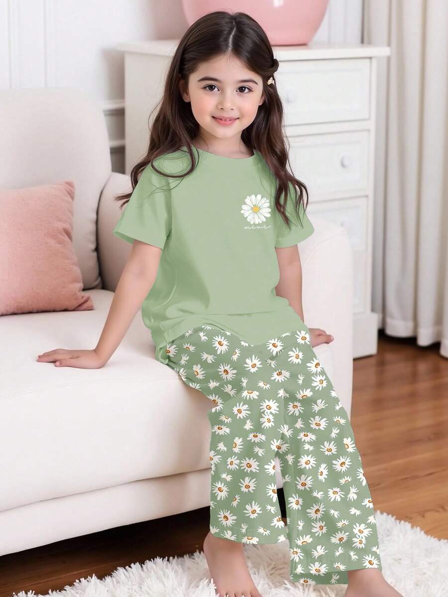 Bộ đồ mặc nhà phong cách Boho Daisy in họa tiết hoa cúc, kiểu dáng tối giản, gồm áo thun cổ tròn tay ngắn và quần ống rộng, thích hợp cho mùa hè. - Nhiều màu - Xem 1
