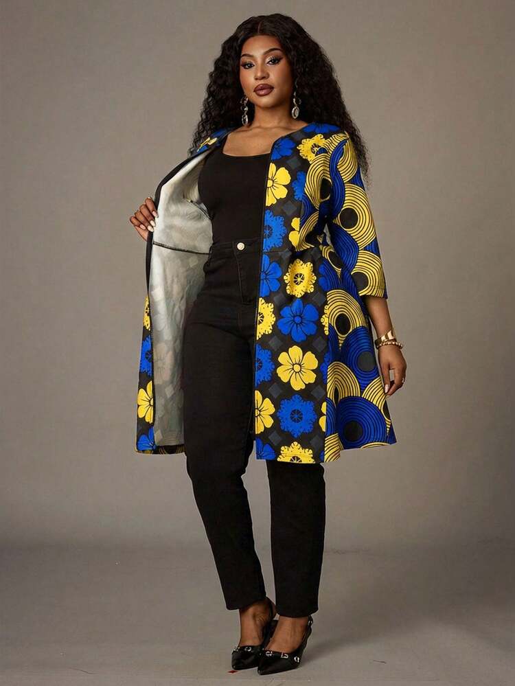 Plus Size Women Floral Print Zip-Up Casual Versatile Long Jacket For Daily Wear Ankara African Plus Size Women African Print For Women African Print Blazer